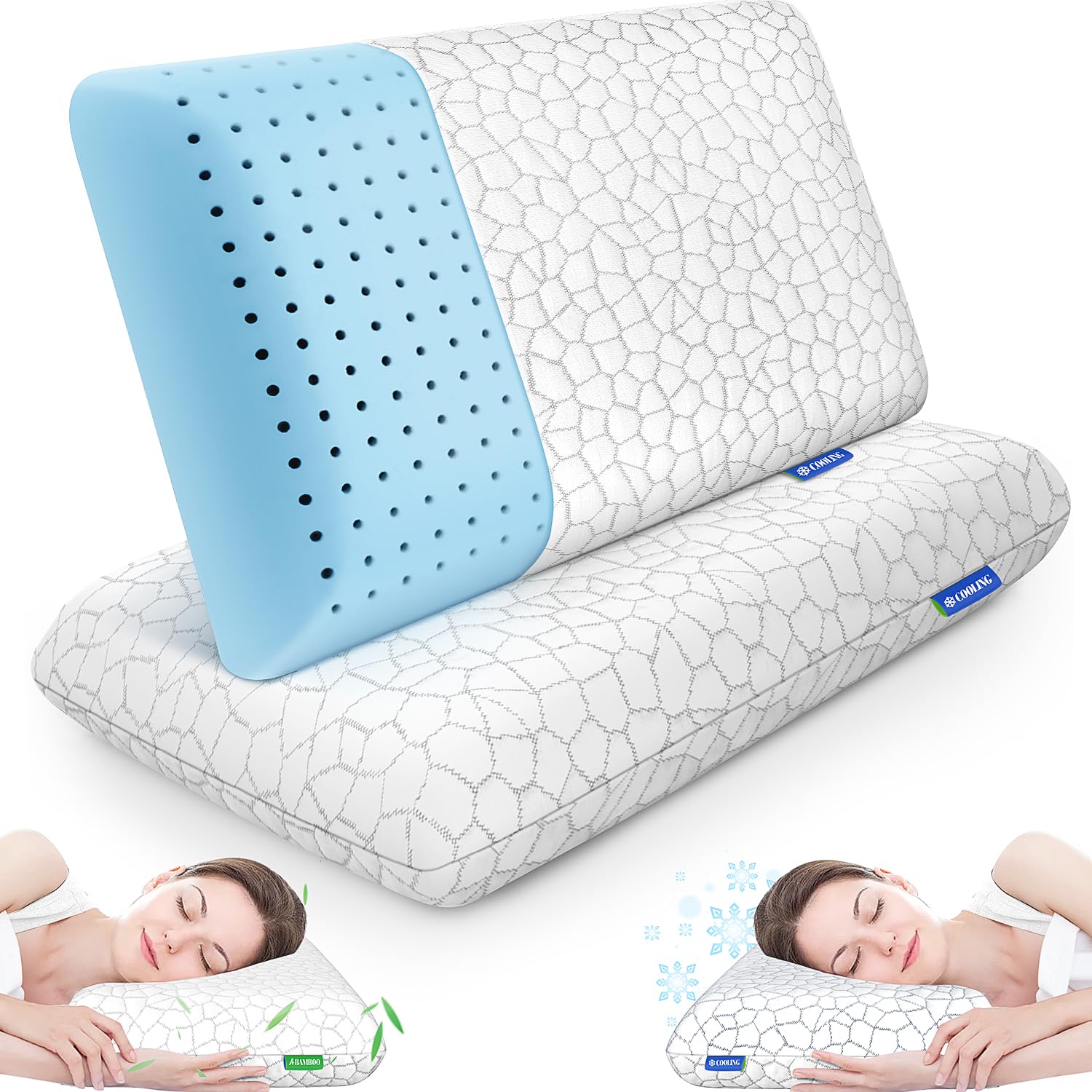 Coussins en Mousse à Mémoire CushZone pour Dormir - Oreiller Rafraîchissant avec Housse Amovible et Lavable en Machine pour Dormeurs sur le Côté, le Dos et le Ventre - Taille Standard (Lot de 2)