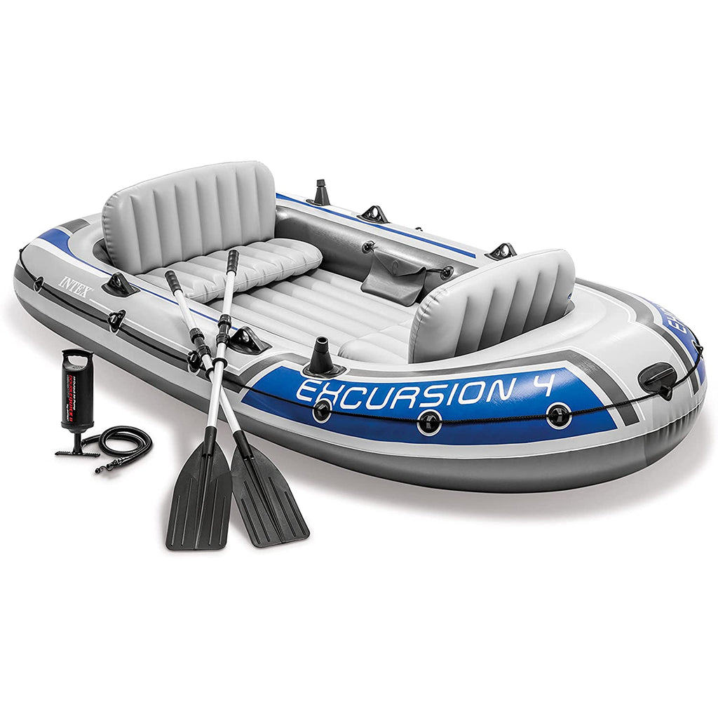 INTEX 68324EP Excursion 4 Ensemble de Bateau Gonflable : Inclut des Rames de Bateau Deluxe de 54 pouces et une Pompe à Haut Débit – Sièges Ajustables avec Dossier – Porte-Cannes à Pêche – 4-Personnes – Capacité de Poids de 1100lb